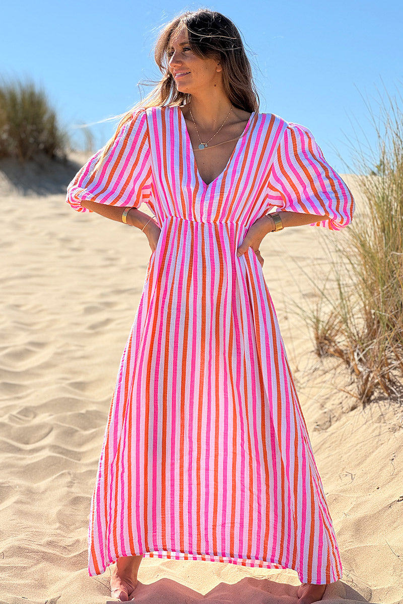 Pink Stripe Blouson Midi Dress
