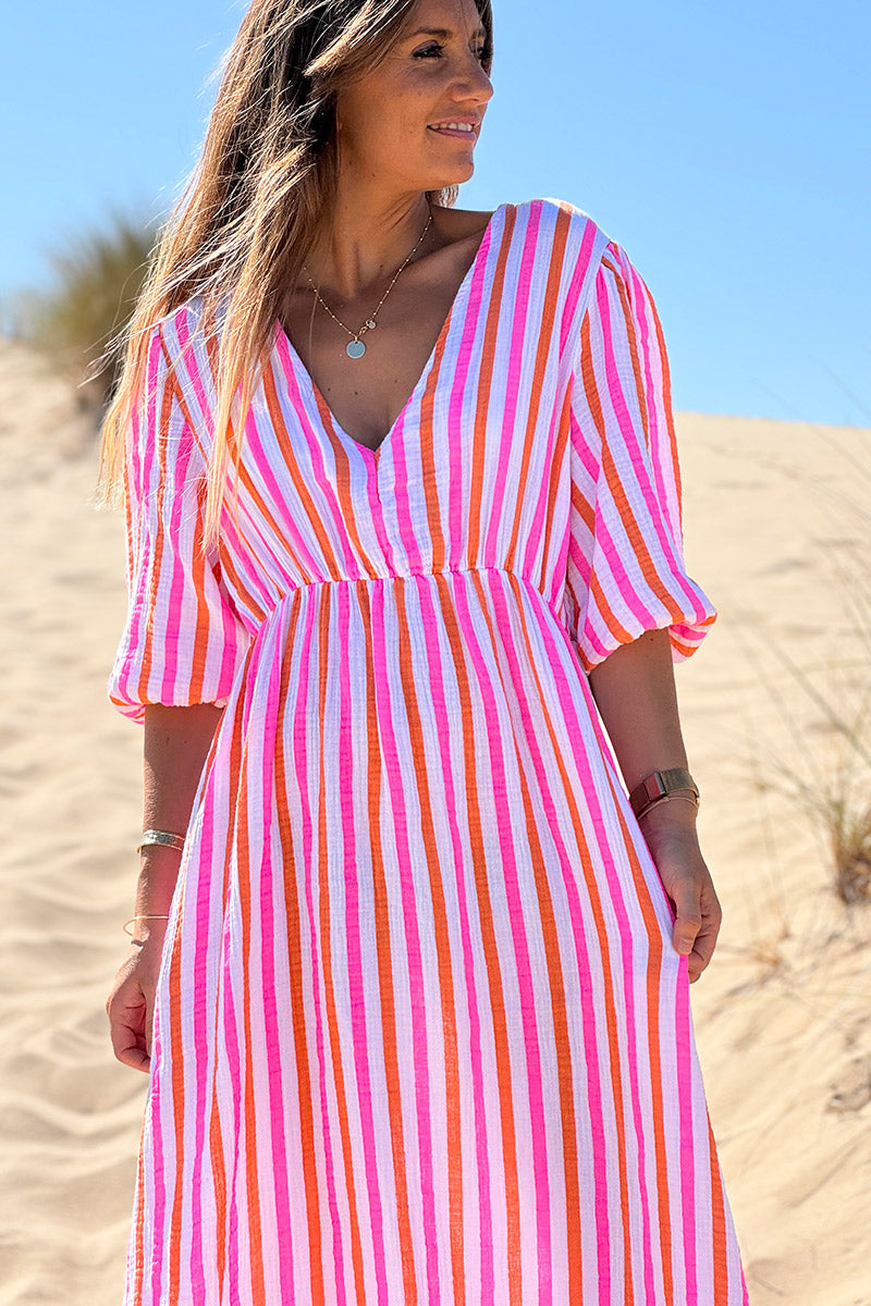 Pink Stripe Blouson Midi Dress