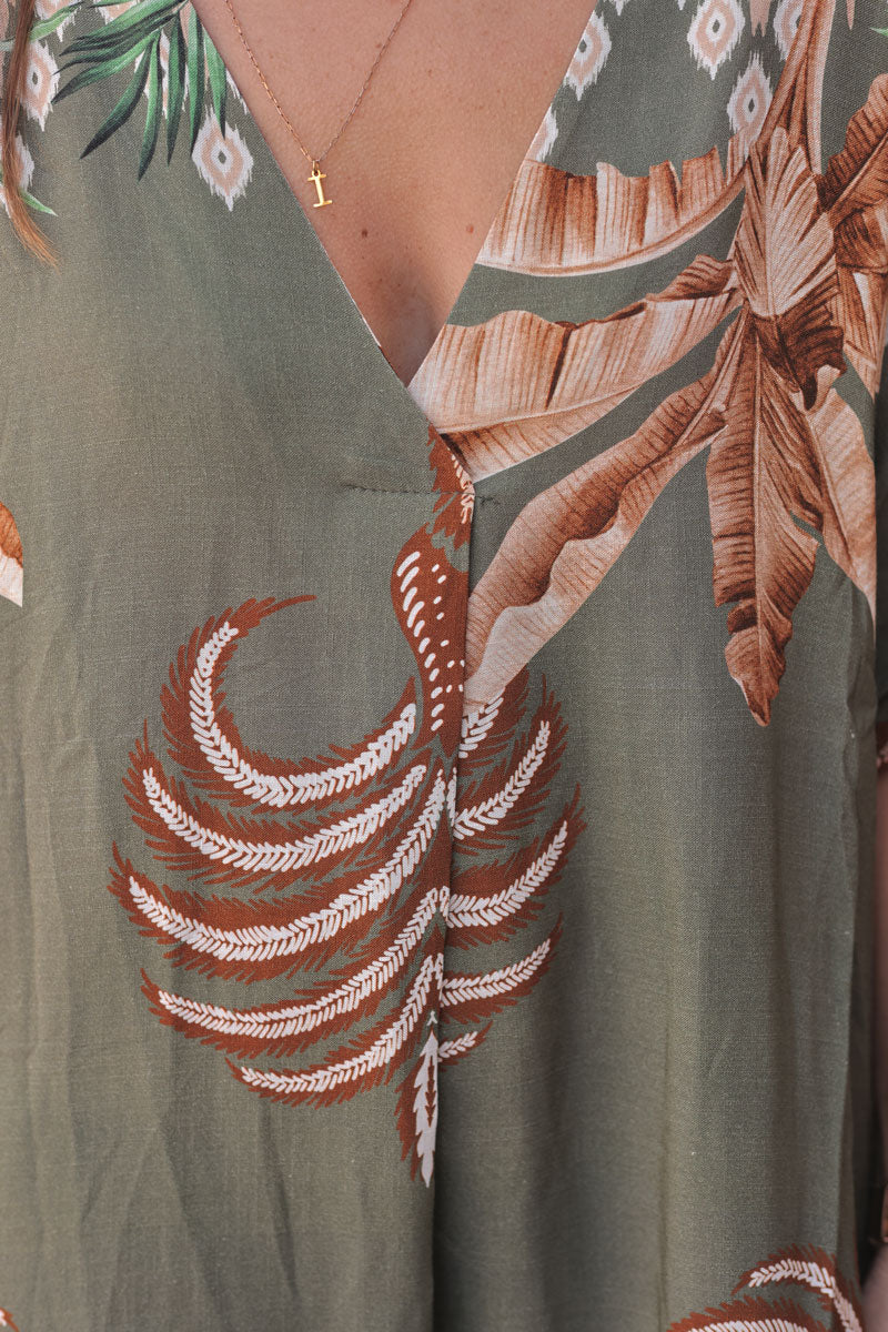 Olive Polynesian Palms V-Neck Caftan