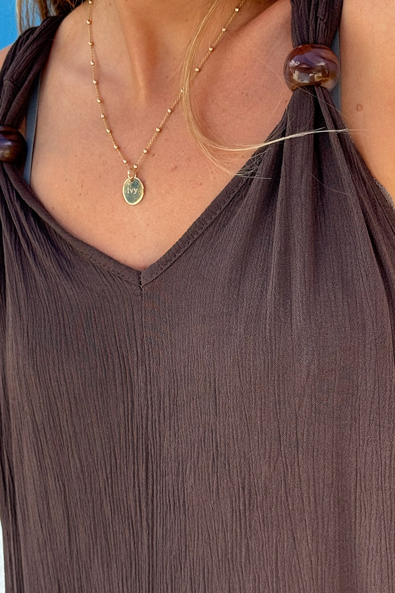 Chocolate Tortoise Bead Gauze Maxi Dress