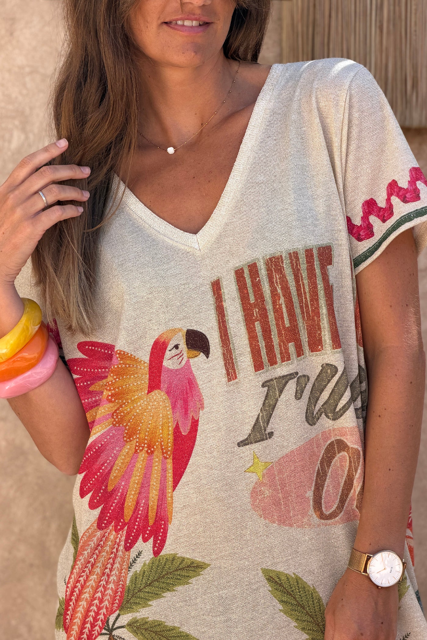 Khaki Tropical Parrot Print Glitter Knit Caftan