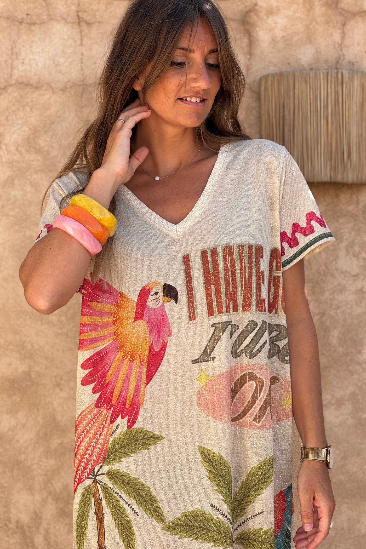 Olive Tropical Parrot Print Glitter Knit Caftan
