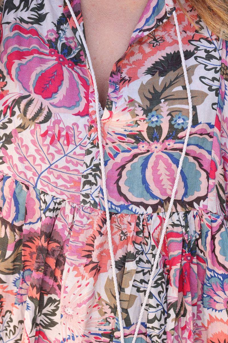 Robe longue et large en coton imprime floral col pompons h157 (1)