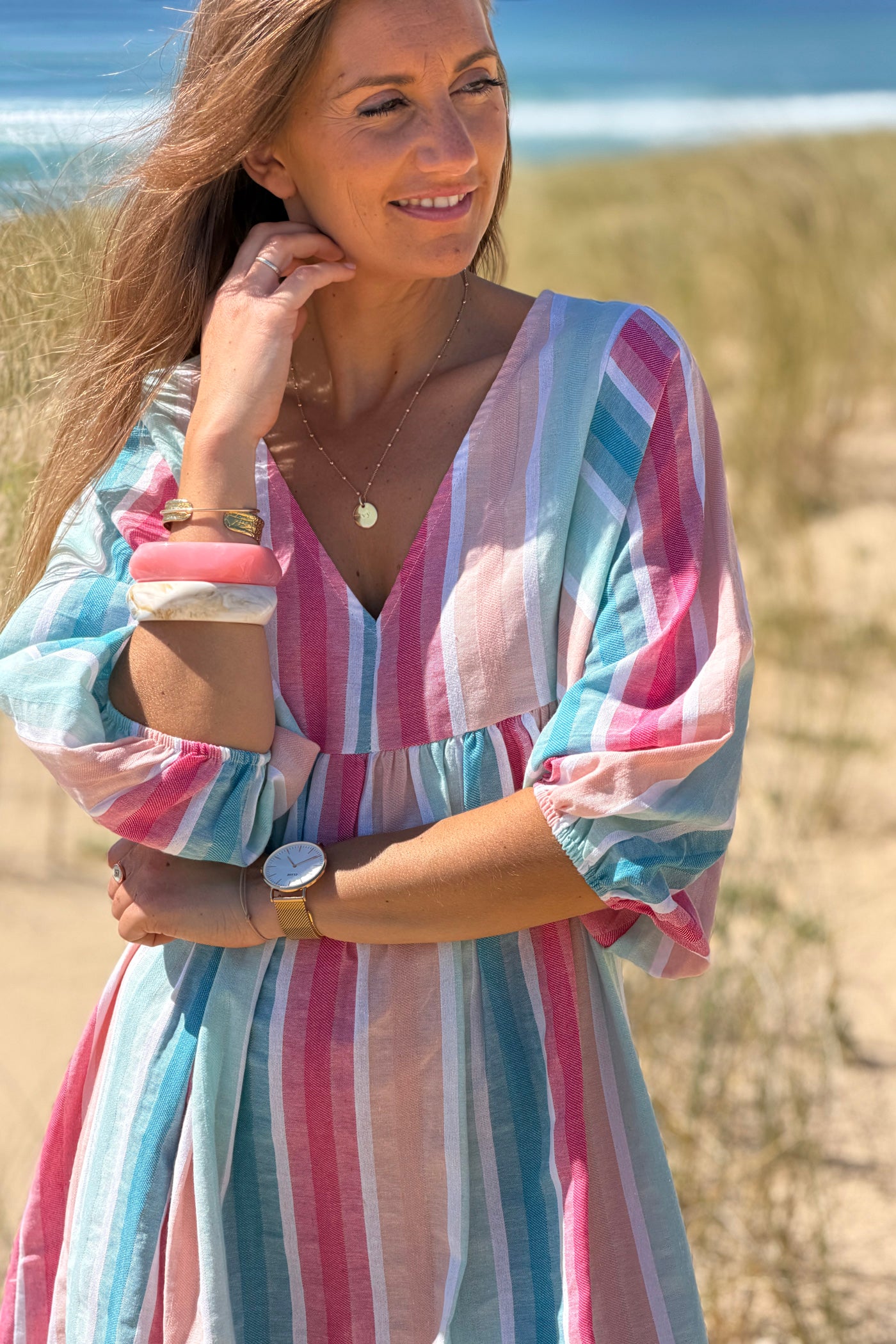 Robe longue et loose en coton rayures pastel bleu et rose