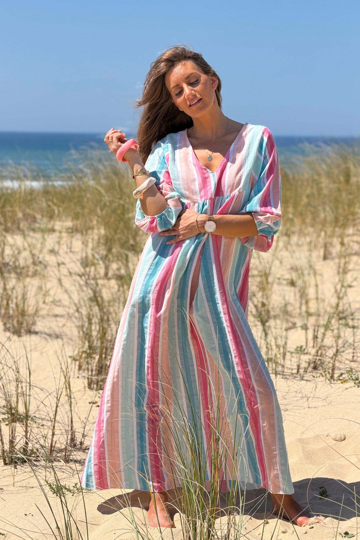Robe longue et loose en coton rayures pastel bleu et rose