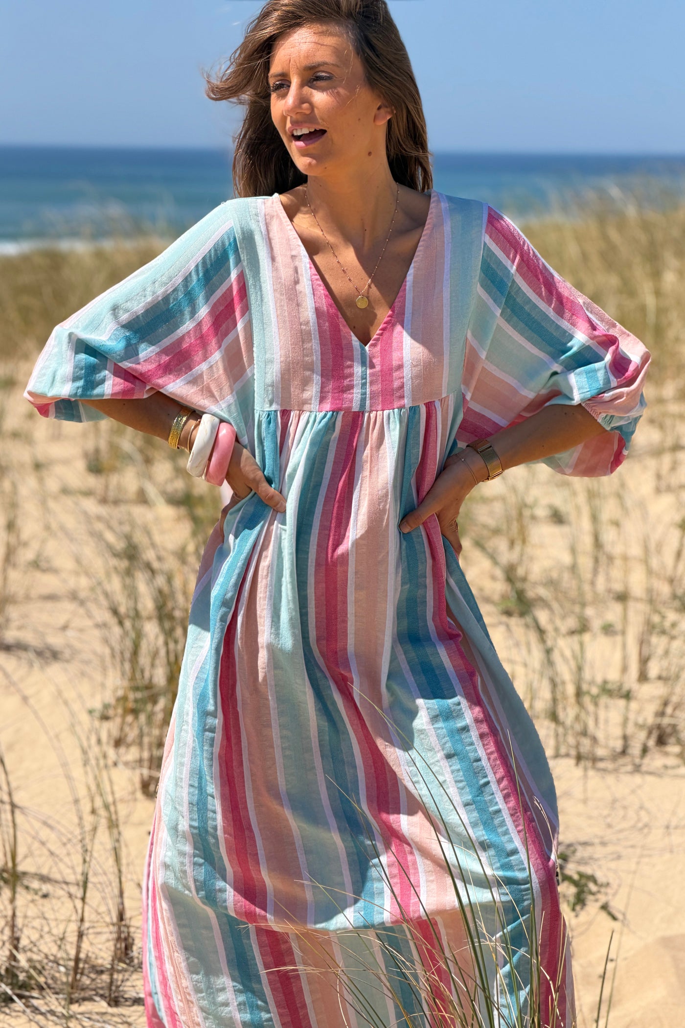 Robe longue et loose en coton rayures pastel bleu et rose