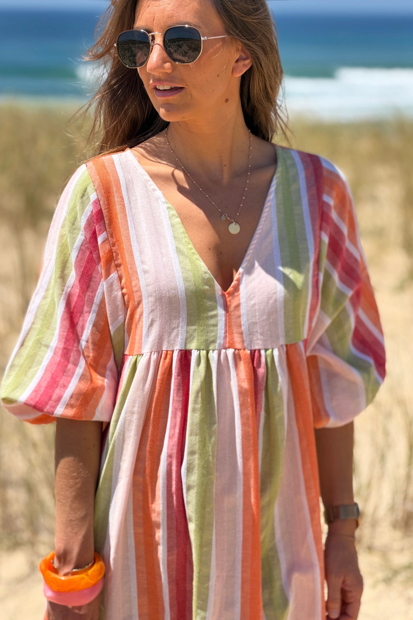 Robe longue et loose en coton rayures pastel orange vert et framboise