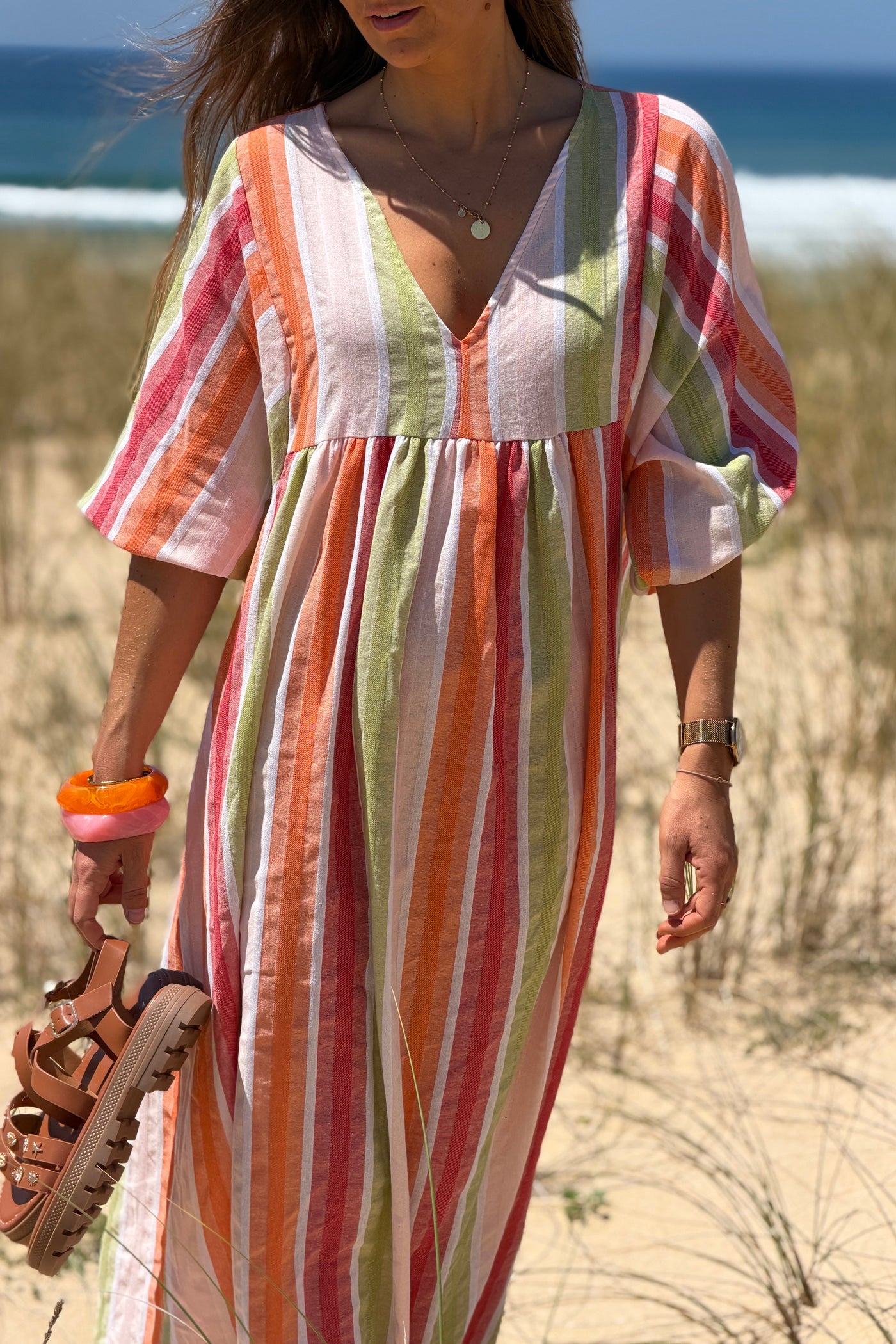 Robe longue et loose en coton rayures pastel orange vert et framboise