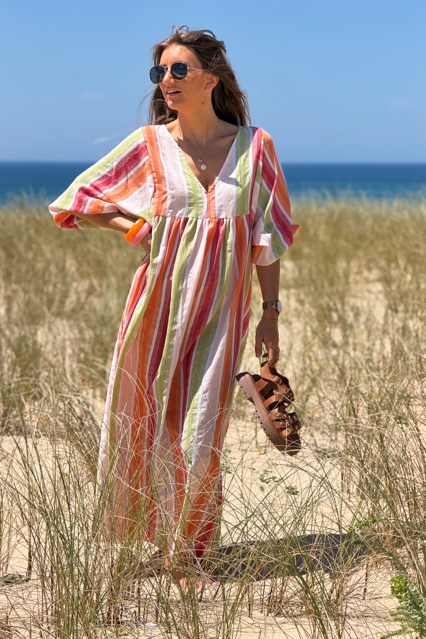 Robe longue et loose en coton rayures pastel orange vert et framboise
