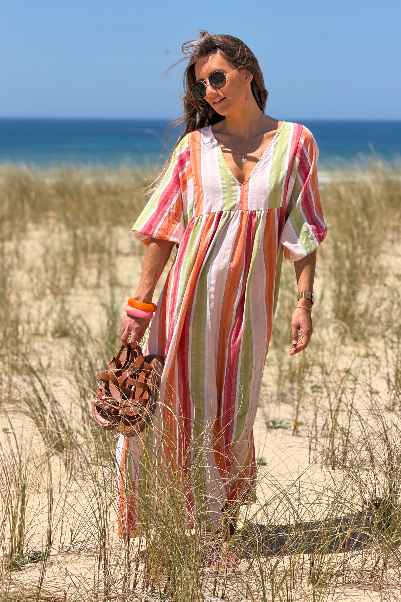 Robe longue et loose en coton rayures pastel orange vert et framboise