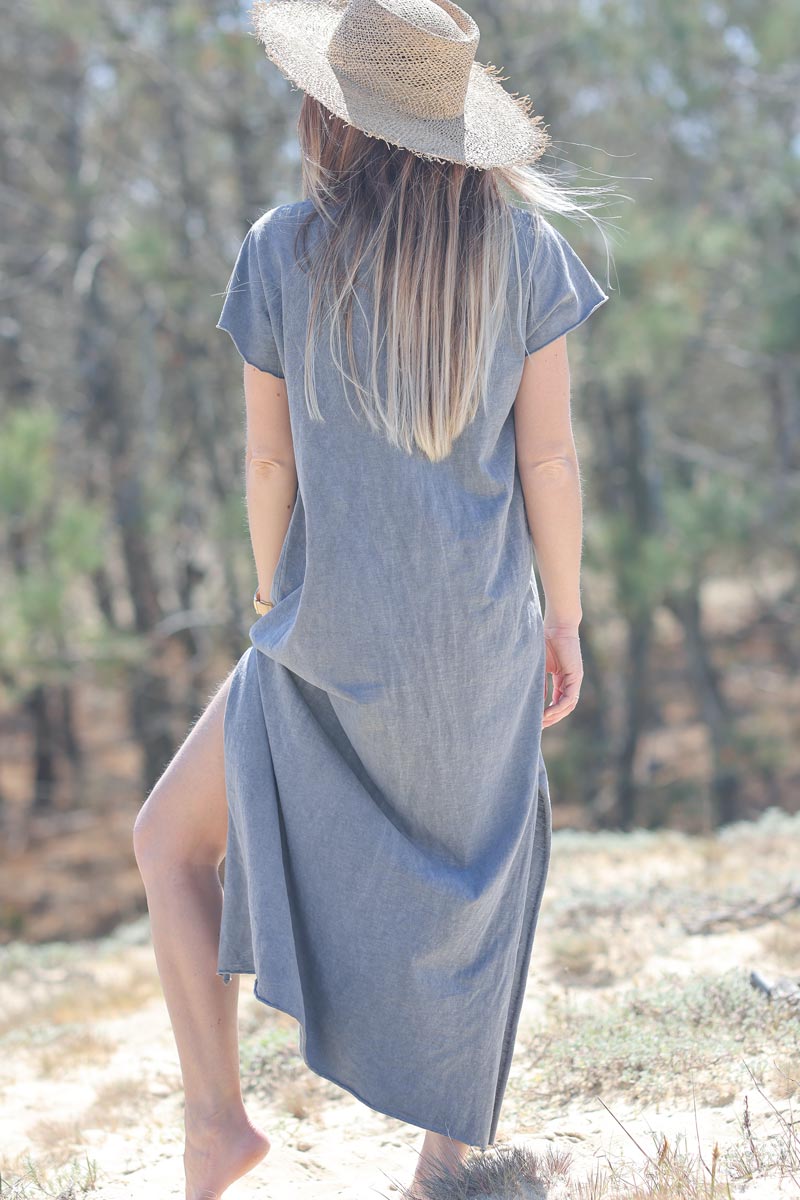 Grey long cotton dress with rock and roll