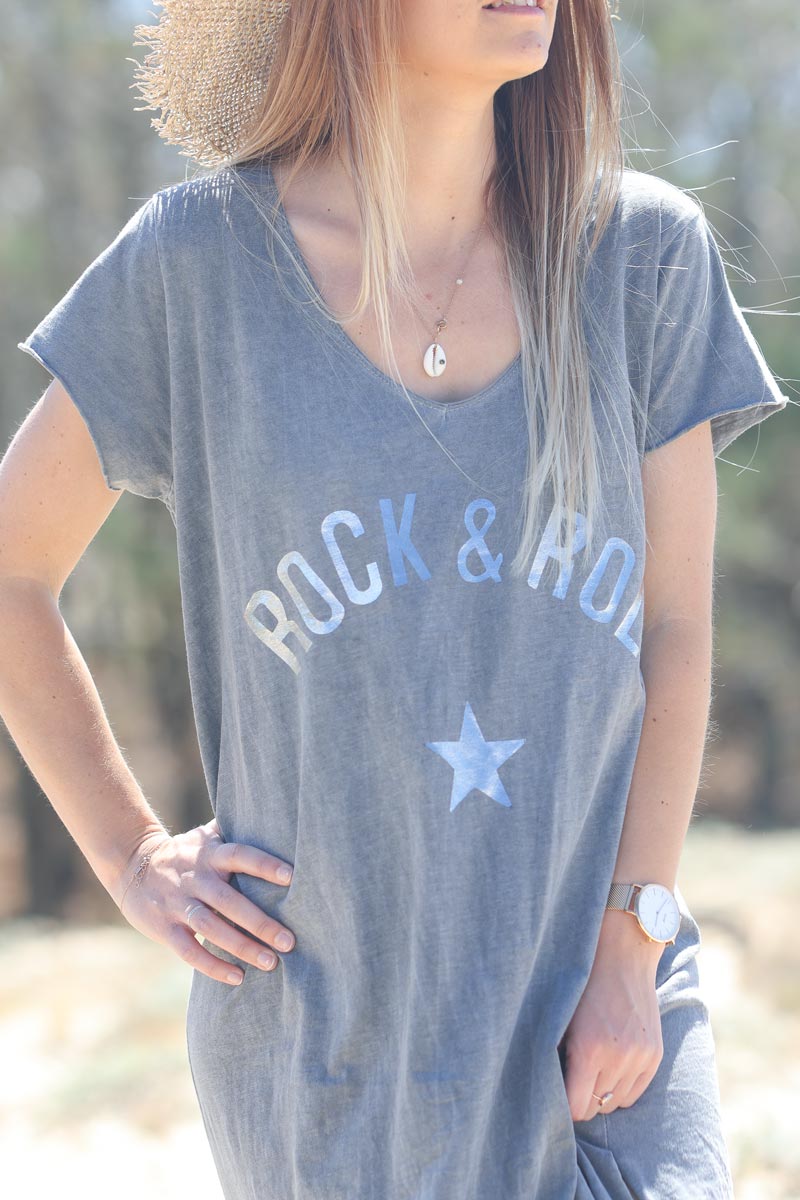 Grey long cotton dress with rock and roll