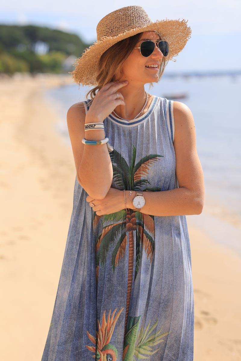 Blue pleated metallic maxi dress with tropical print