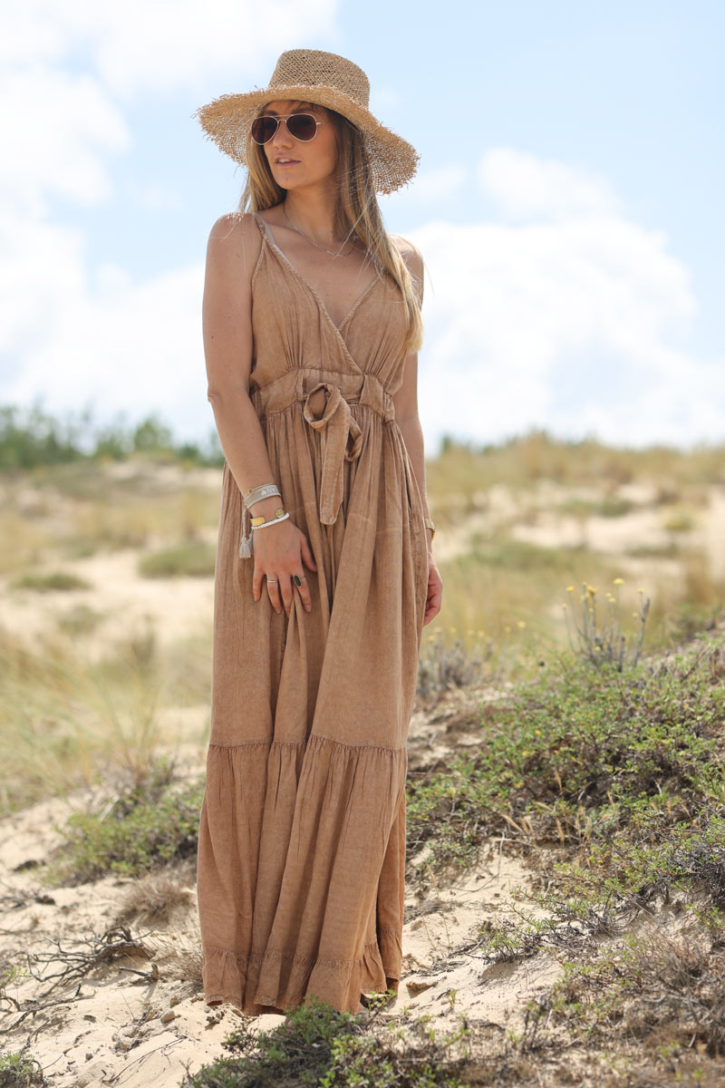 Robe longue fluide camel d lav bretelles dos smock et lien nouer