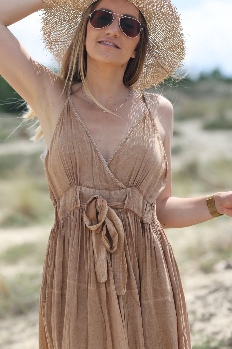 Robe longue fluide camel d lav bretelles dos smock et lien nouer