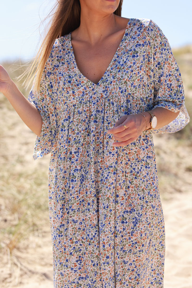Robe longue fluide col V manches courtes imprimé liberty bleu roi