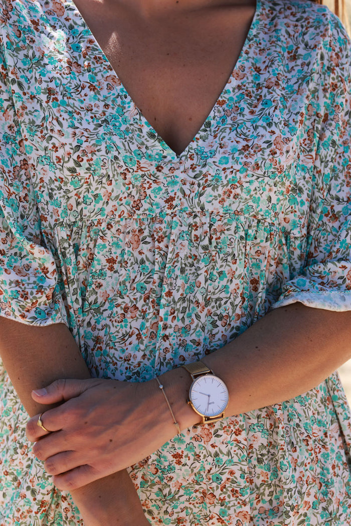 Robe longue fluide col V manches courtes imprime liberty turquoise - Horizons Lointains