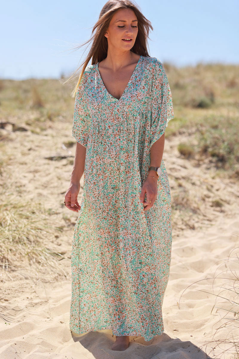 Robe longue fluide col V manches courtes imprime liberty turquoise