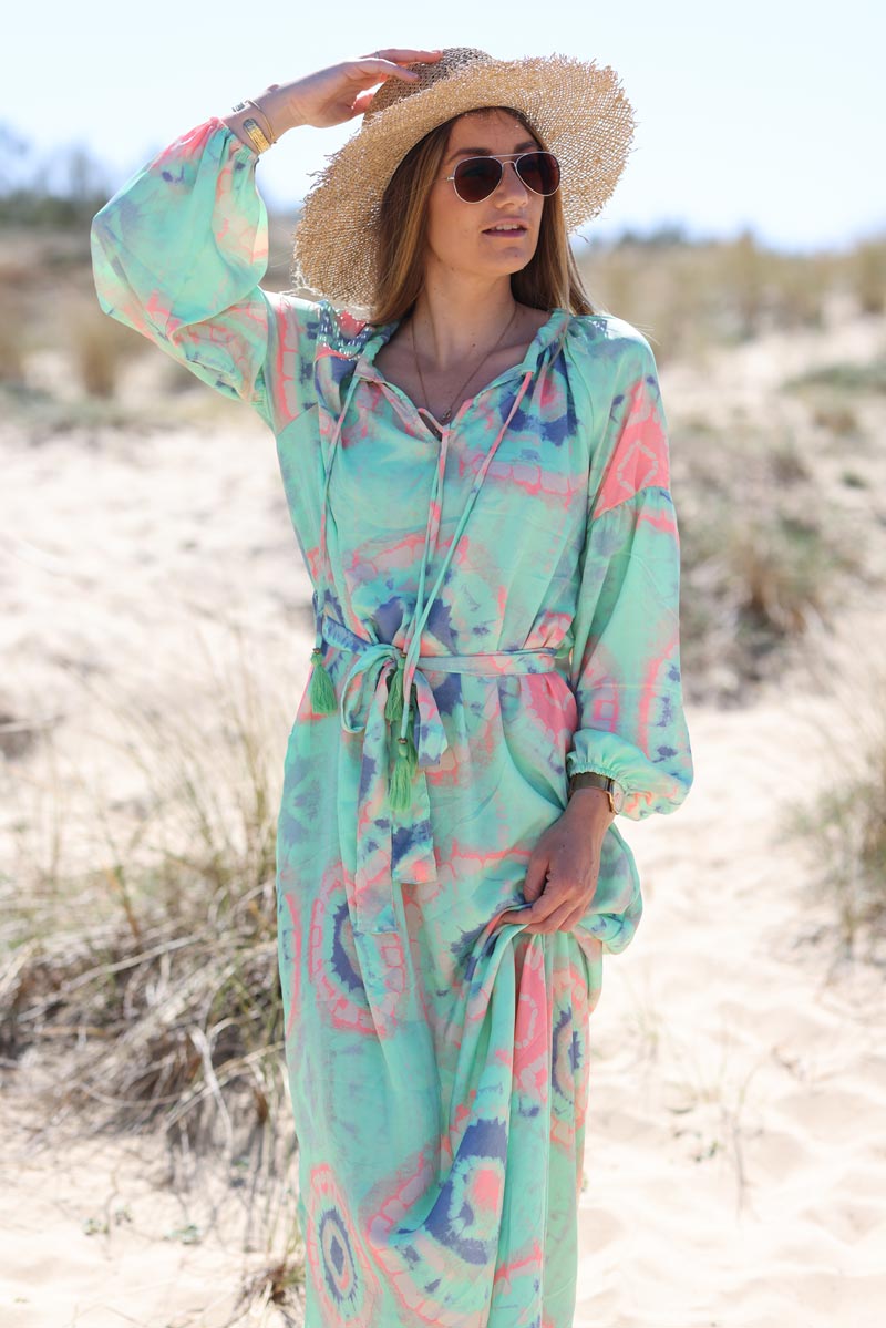 Floaty oversized belted maxi dress with bright green tie dye print