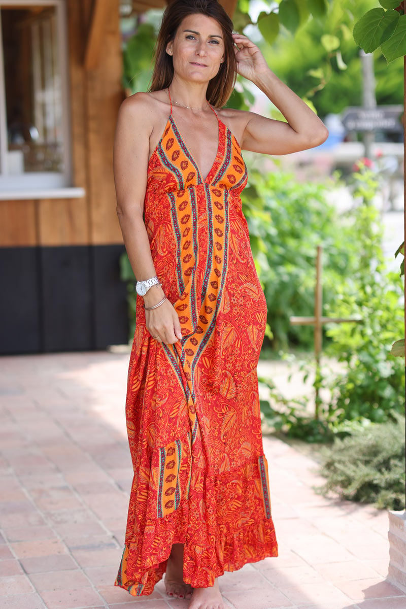 Robe longue fluide et toucher soie dos nu imprim cachemire orange