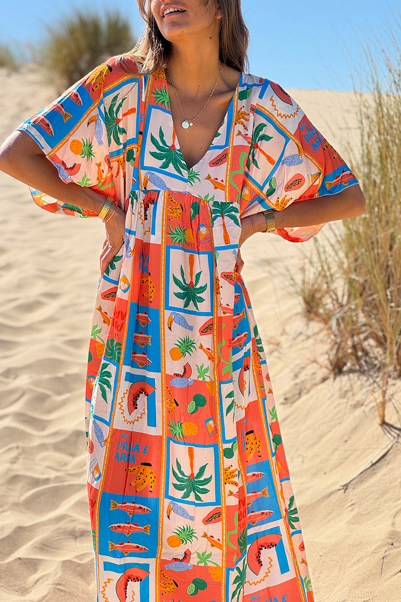 Coral Tropical Block V-Neck Caftan

