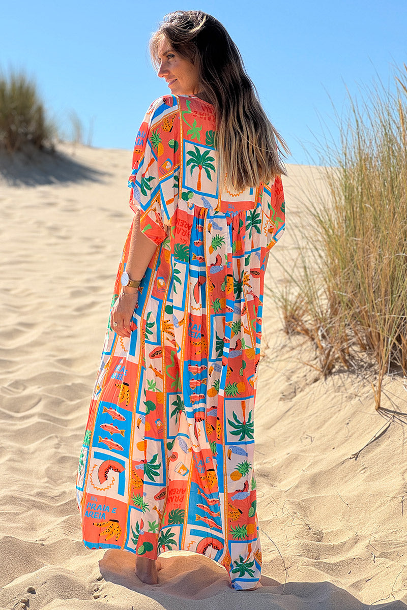 Robe longue fluide imprimé fruits d'été tropiques corail col v manches looses