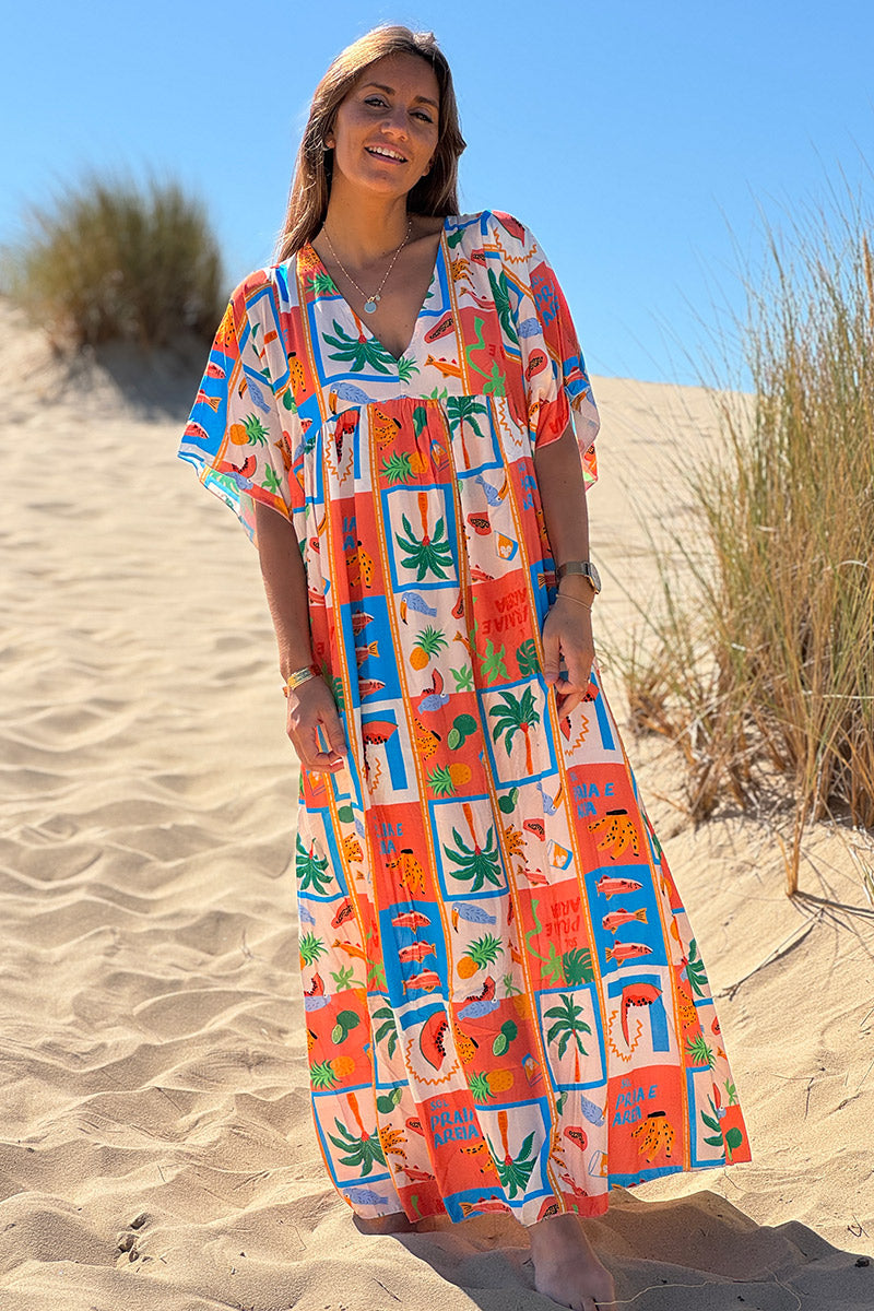 Robe longue fluide imprimé fruits d'été tropiques corail col v manches looses