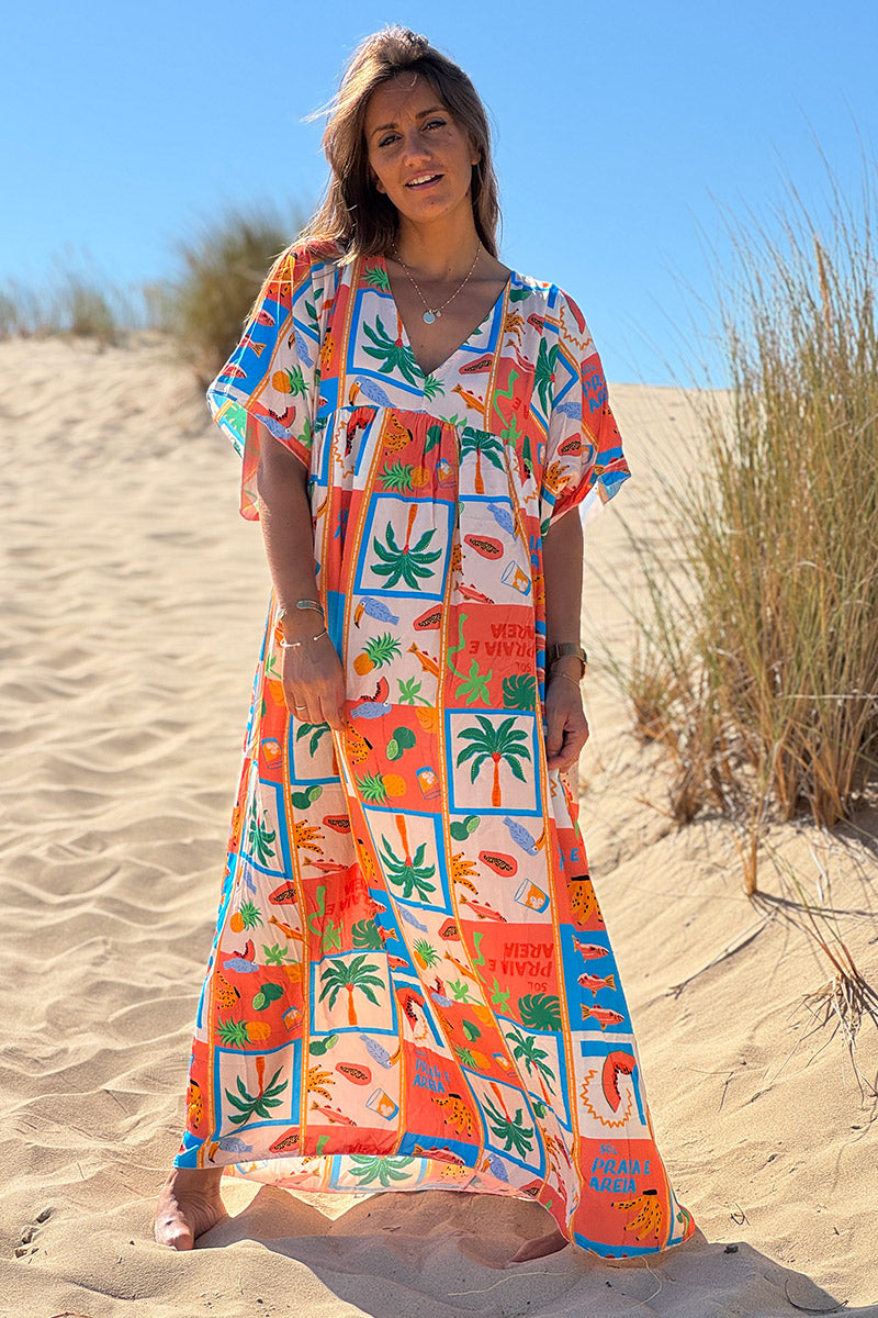 Coral Tropical Block V-Neck Caftan

