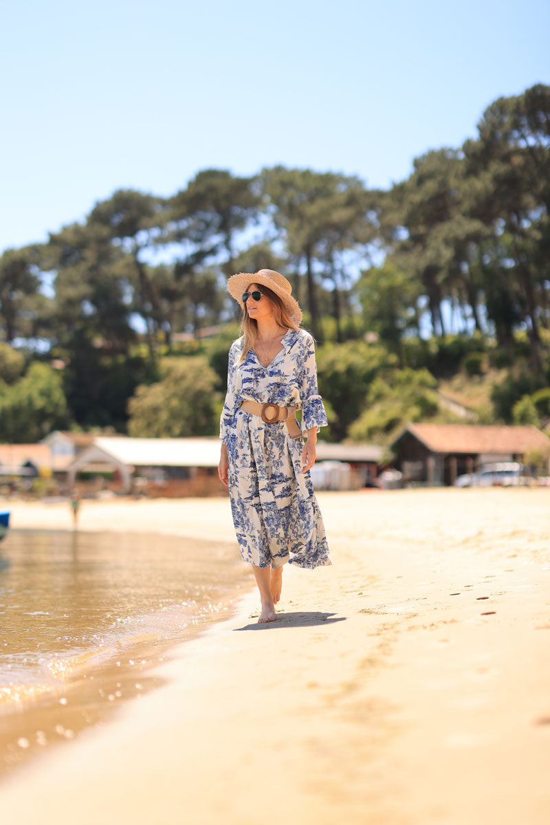 Robe longue imprimé toile de jouy bleu marine