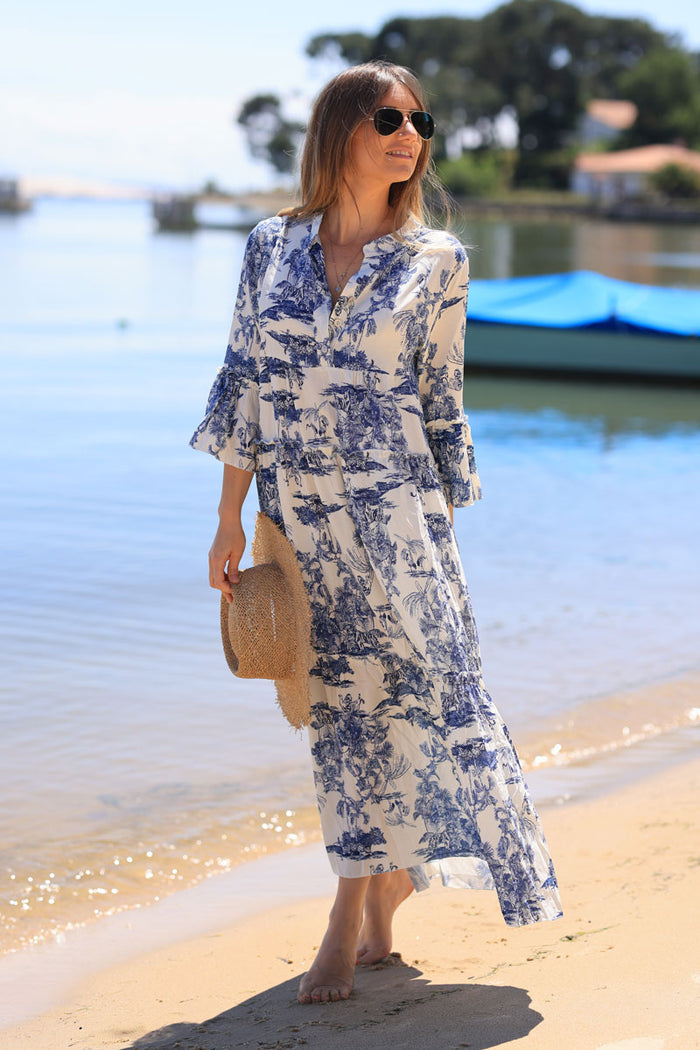 Robe longue imprime toile de jouy bleu marine Horizons Lointains