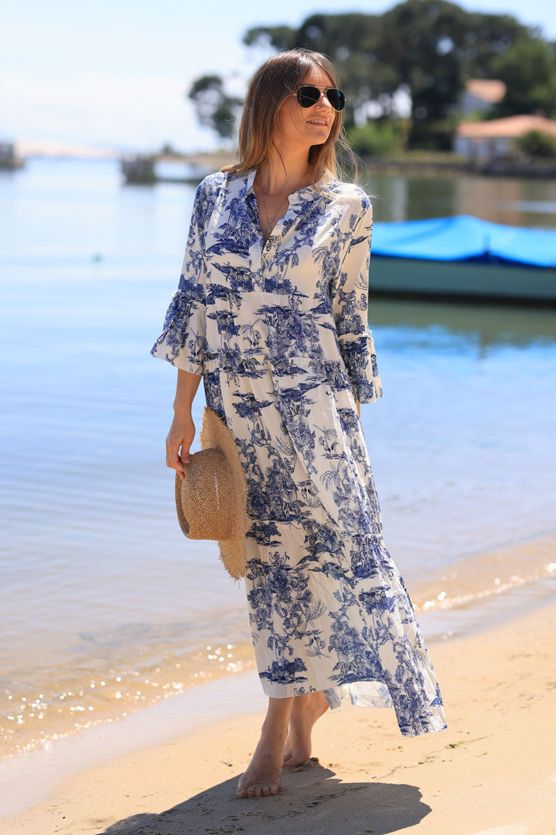 Tiered maxi dress with toile de jouy navy blue print