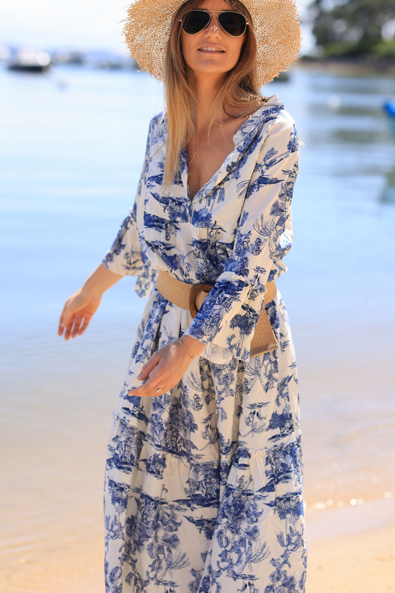 Tiered maxi dress with toile de jouy navy blue print