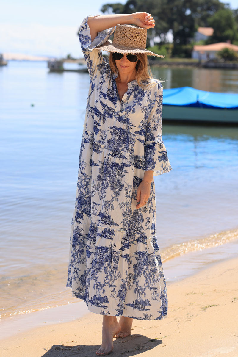 Robe longue imprimé toile de jouy bleu marine