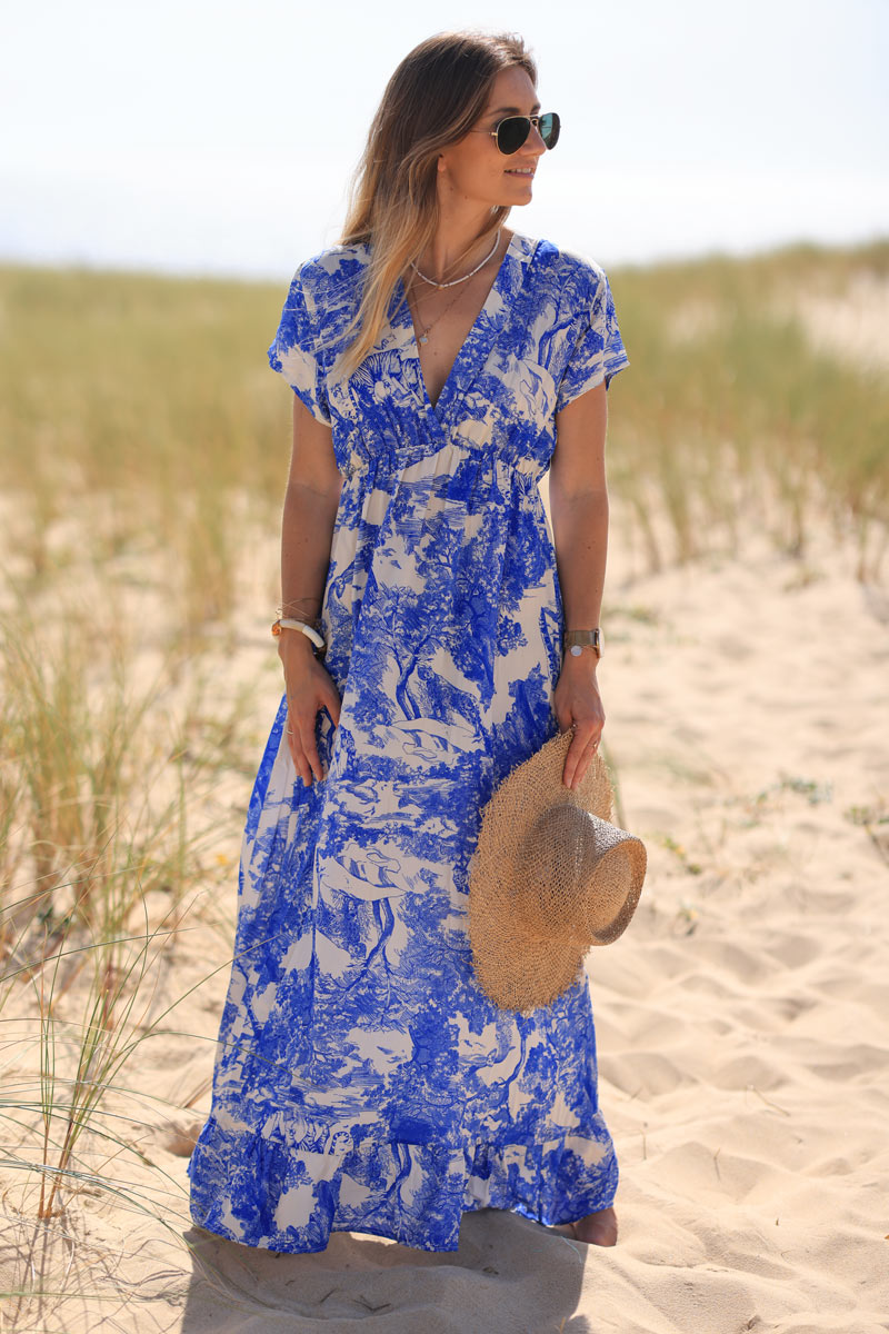 Floaty short sleeve maxi dress with royal blue toile de jouy print