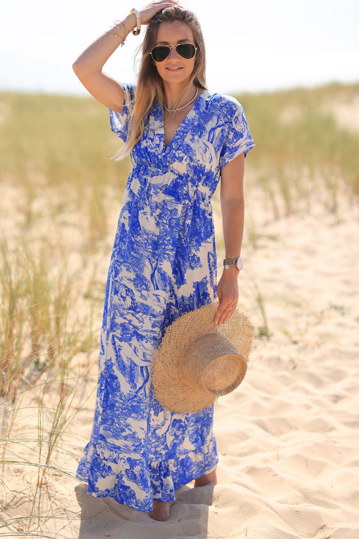 Robe Longue fluide manches courtes col v imprimé toile de Jouy bleu roi