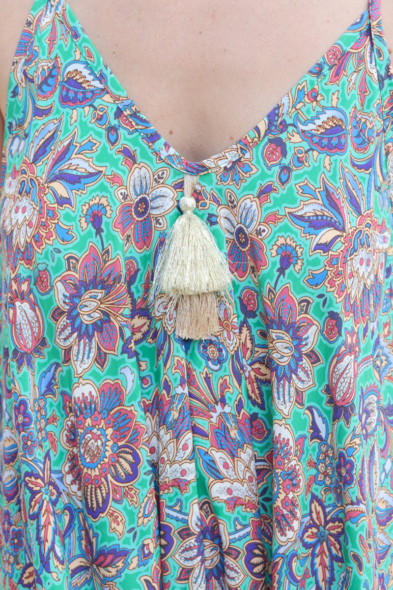 Robe longue fluide verte a bretelles col v pompon imprime paisley fleurs h152 (1)