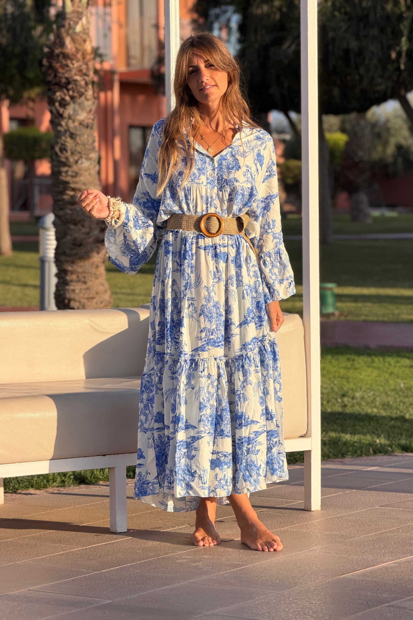 Robe longue imprimé toile de jouy bleu roi