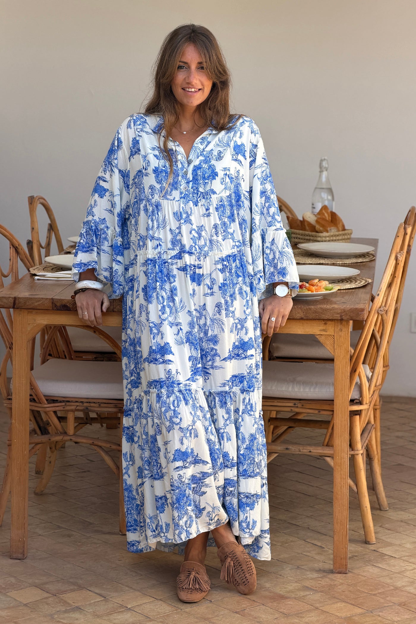 Robe longue imprimé toile de jouy bleu roi