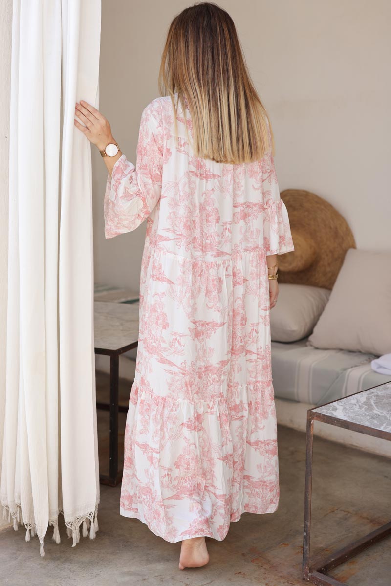 Tiered maxi dress with toile de jouy rosewood print