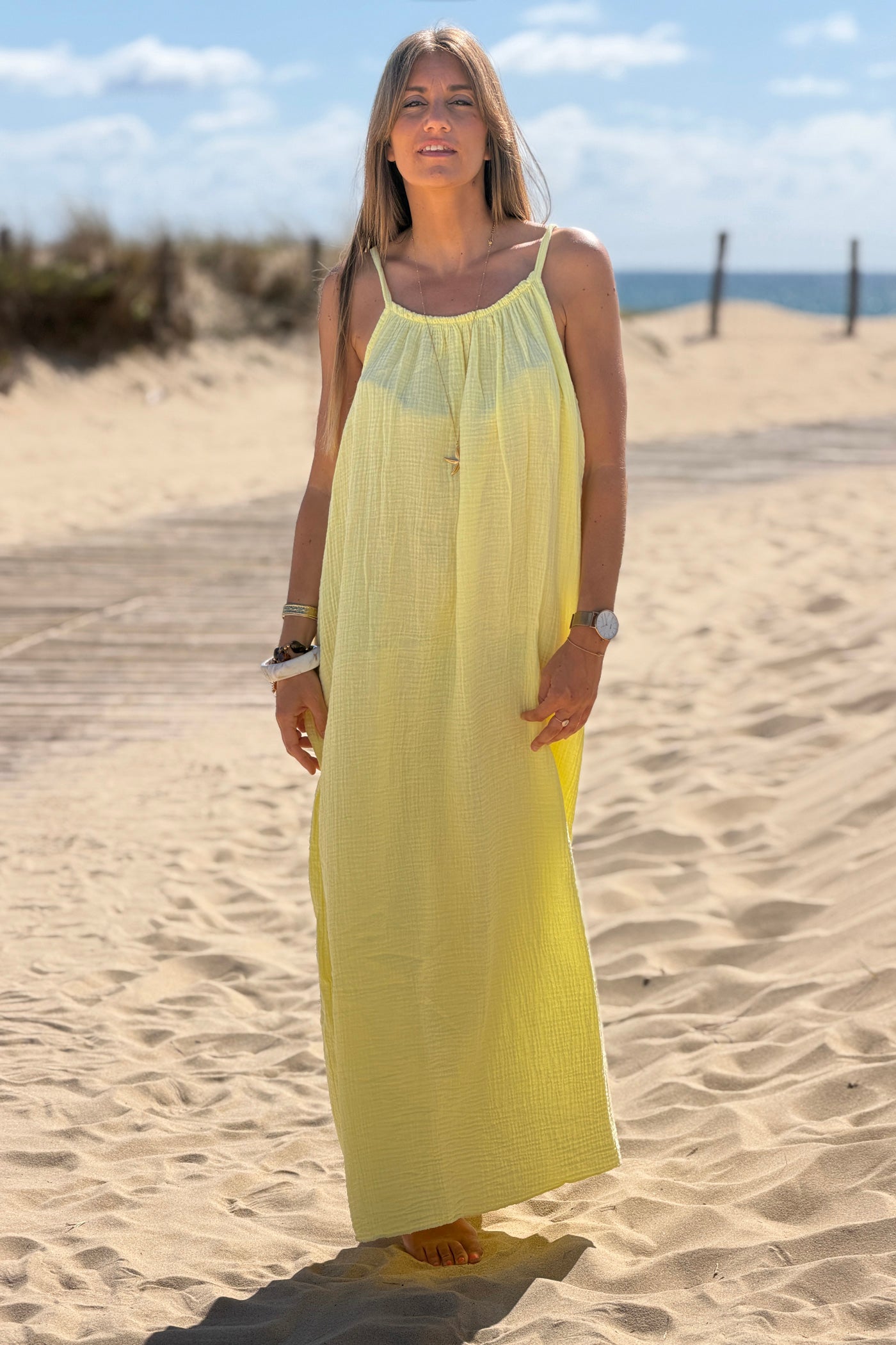 Yellow Crinkle Gauze Maxi Dress