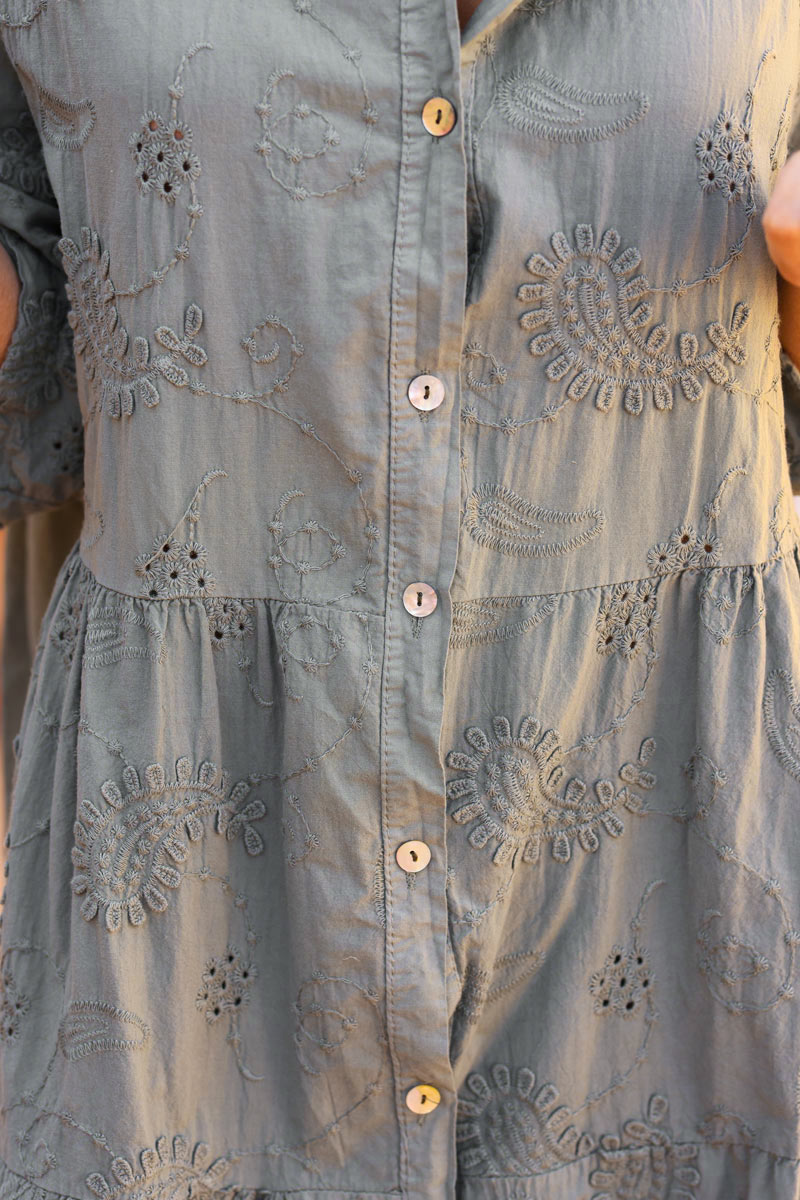 Khaki cotton button through midi dress with paisley embroidery