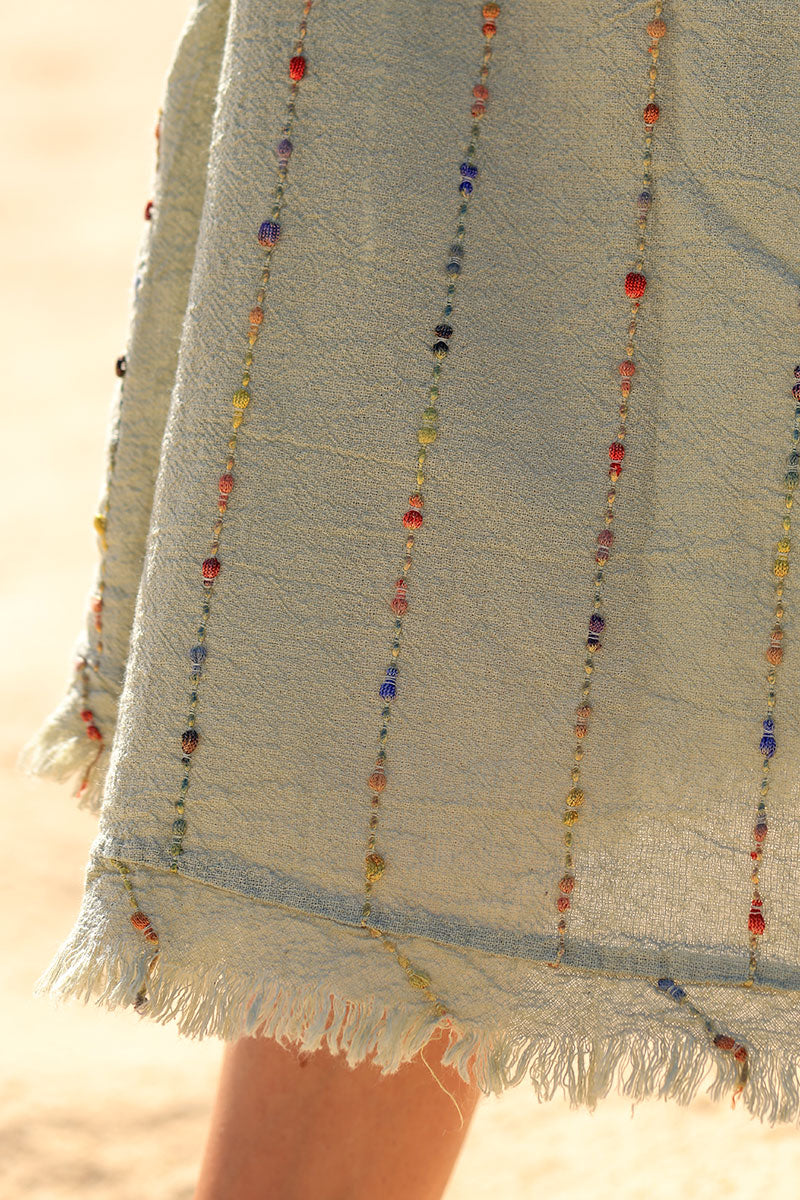 Khaki cotton linen blend midi dress with colorful stripes embroidery