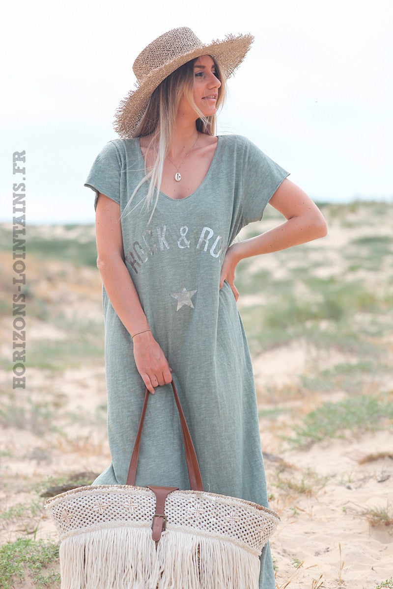 Khaki long cotton dress with rock and roll