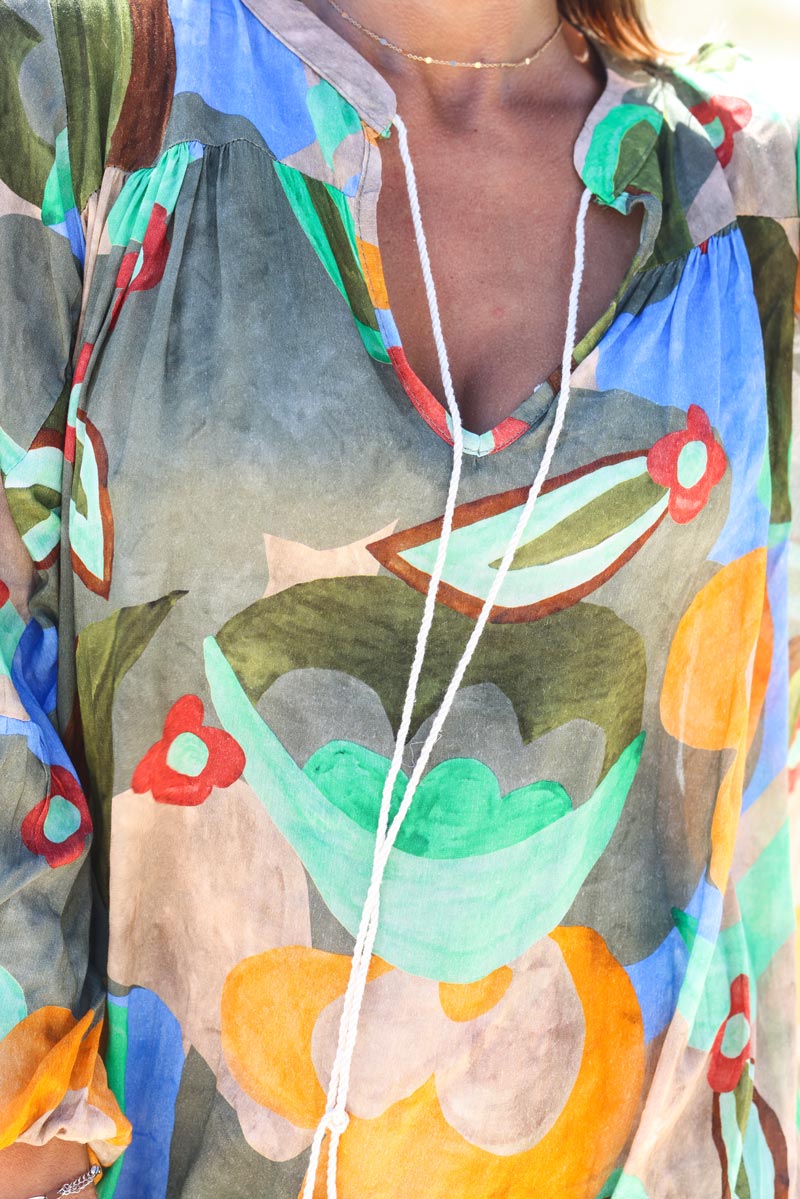 Robe longue legere imprime fleurs peinture abstrait kaki g094 (1)