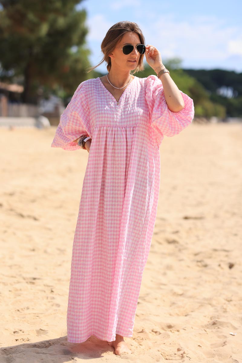 Pink vichy print maxi dress with balloon sleeves