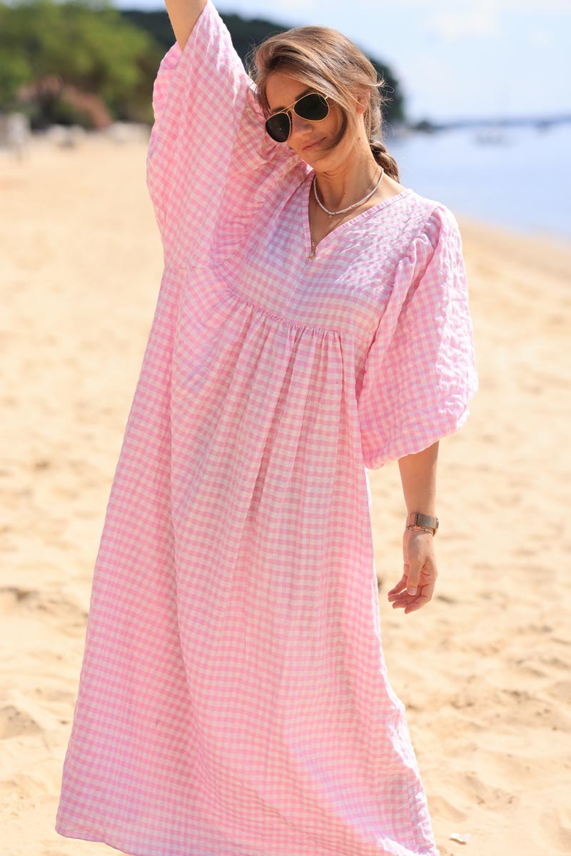 Pink vichy print maxi dress with balloon sleeves