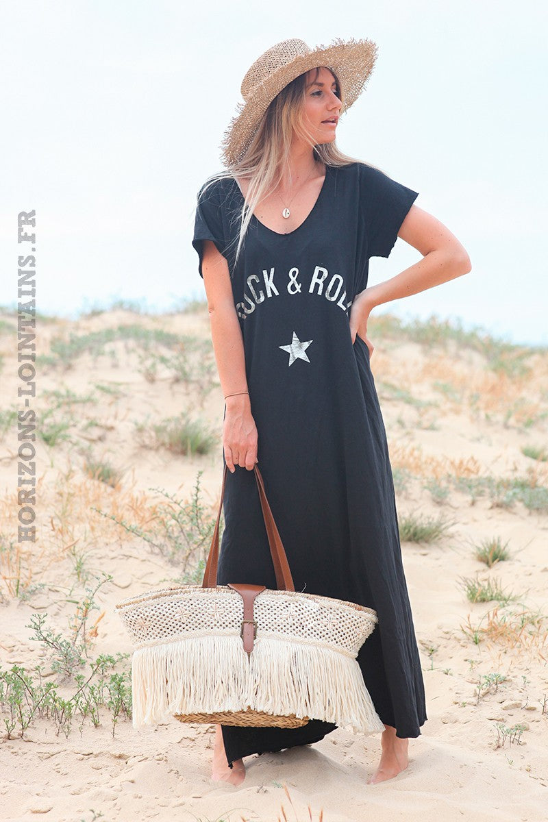 Black long cotton dress with rock and roll