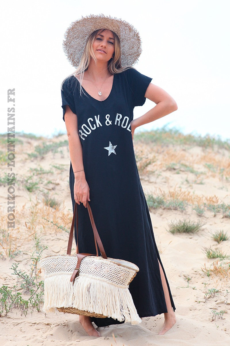 Black long cotton dress with rock and roll