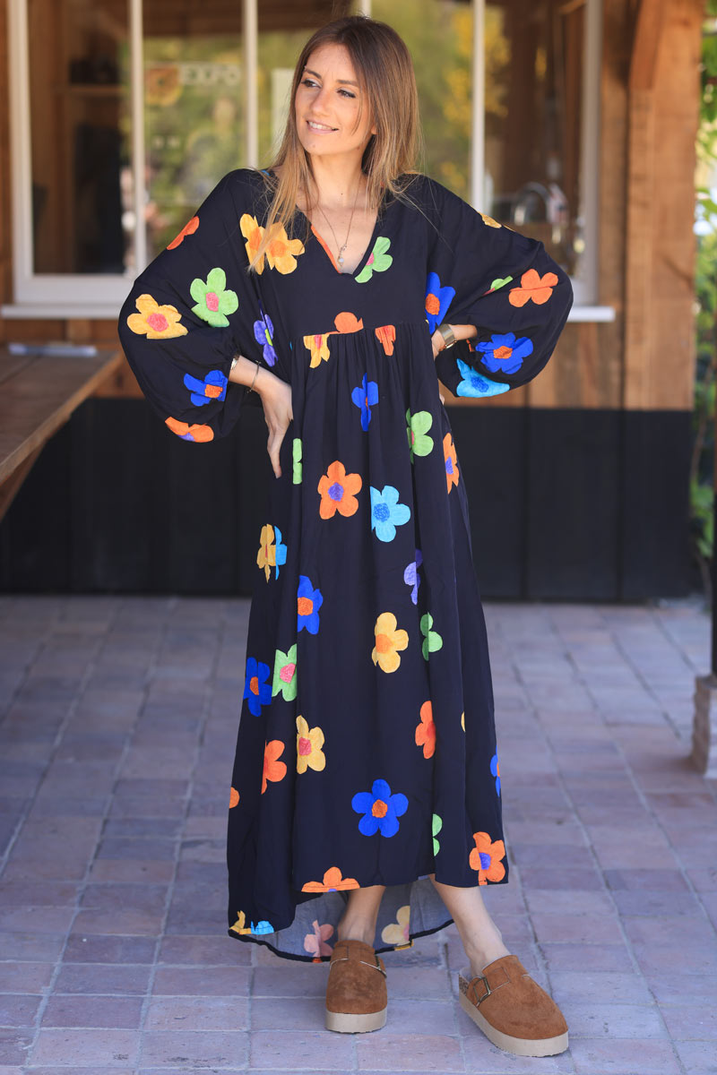 Black floaty maxi dress with floral multicolour print