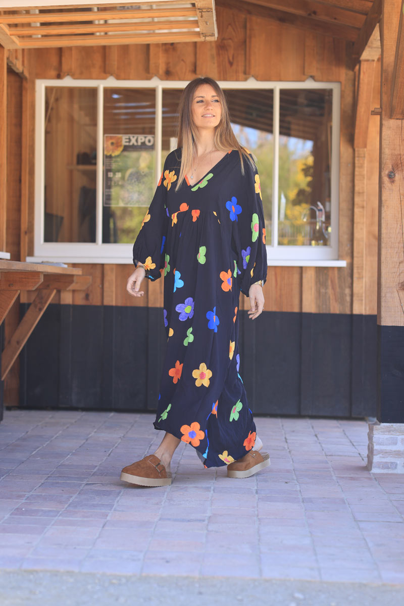 Black floaty maxi dress with floral multicolour print